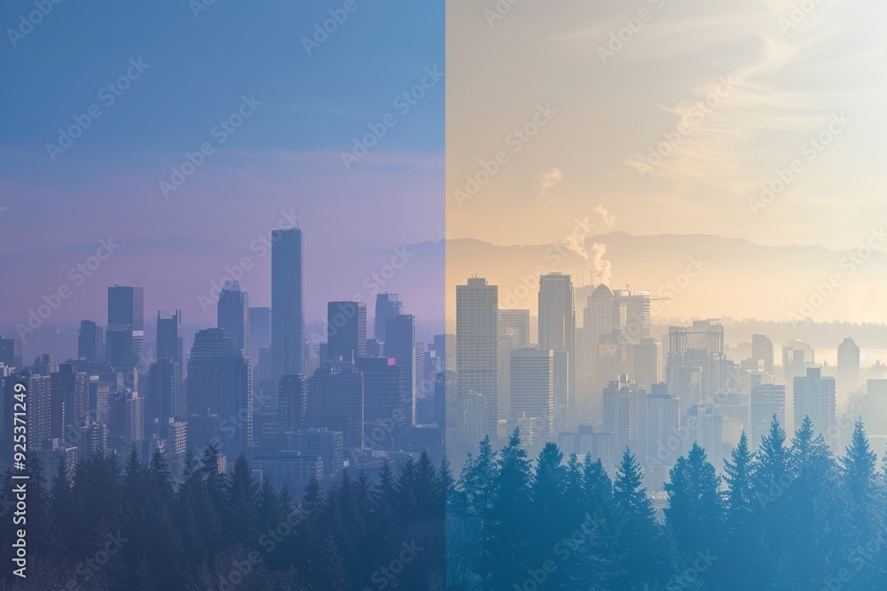 Impact of Pollution and Clean Air on City Skyline - Digital Illustration of Environmental Change Impact of Pollution and Clean Air on City Skyline - Digital Illustration of Environmental Change