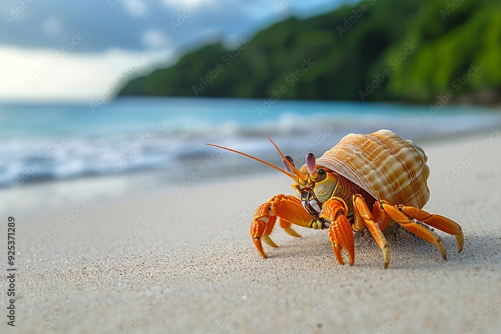 A detailed close-up of a hermit crab on a tropical beach, showcasing its tiny legs and antennae as it emerges from its shell. The scene includes fine sand grains, coral fragments, A detailed close-up of a hermit crab on a tropical beach, showcasing its tiny legs and antennae as it emerges from its shell. The scene includes fine sand grains, coral fragments,