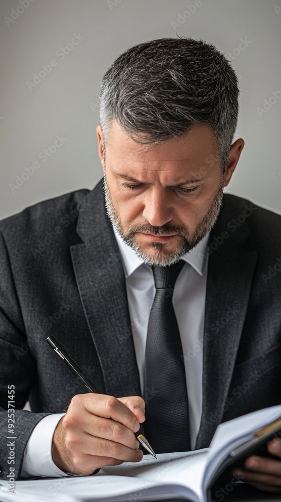 A focused consultant taking notes during a meeting, with a notepad and pen in hand, light solid color background A focused consultant taking notes during a meeting, with a notepad and pen in hand, light solid color background