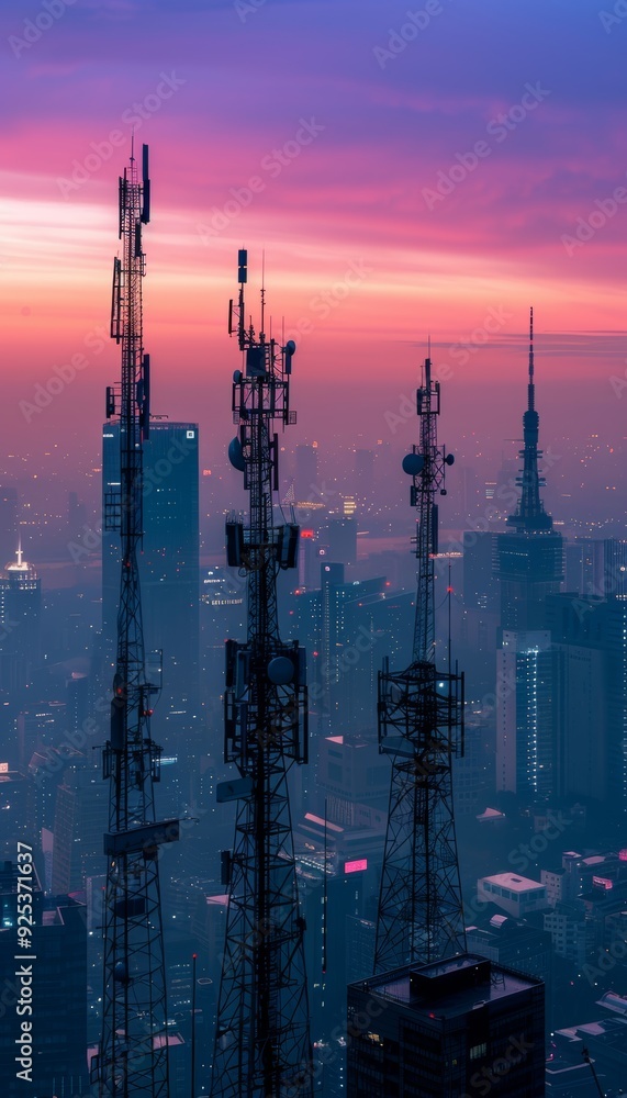 Fototapeta premium Early Morning Cityscape with Mobile Network Towers Against a Foggy Skyline
