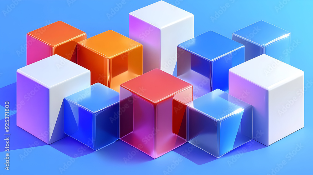 A vibrant arrangement of glossy cubes in various colors on a blue background. A vibrant arrangement of glossy cubes in various colors on a blue background.
