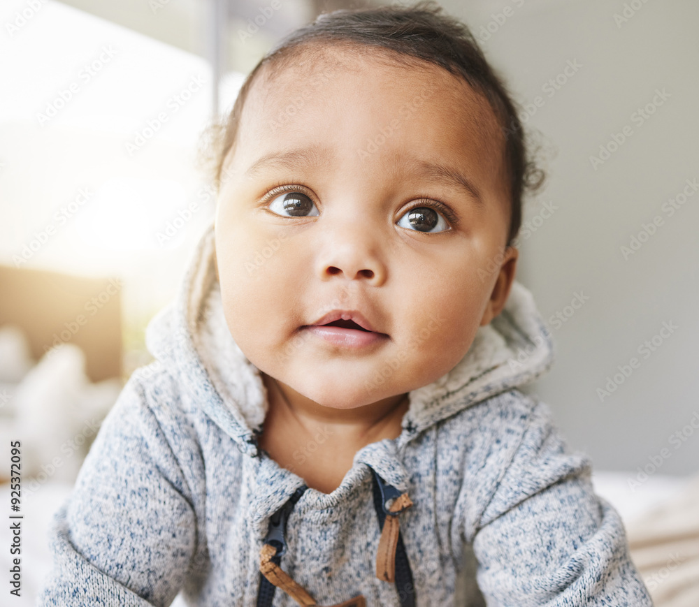 Happy, comfy and portrait of baby on bed to relax, sleep and rest with pajamas. Infant, cute and adorable boy crawl in bedroom for childhood, growth and happiness in house or apartment with smile Happy, comfy and portrait of baby on bed to relax, sleep and rest with pajamas. Infant, cute and adorable boy crawl in bedroom for childhood, growth and happiness in house or apartment with smile