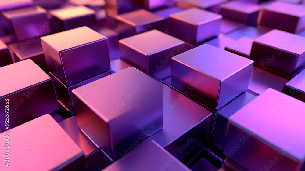A vibrant arrangement of reflective cubes in shades of purple and blue. A vibrant arrangement of reflective cubes in shades of purple and blue.
