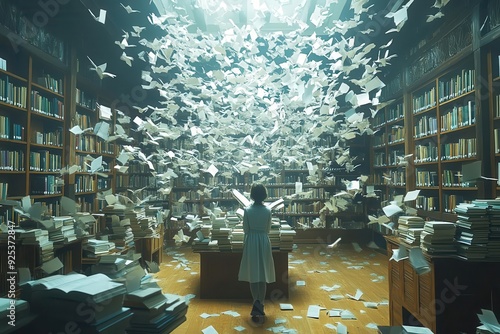 sentient library comes alive at night books fly like birds between shelves words leap from pages to form stories in the air as child readers dream photo