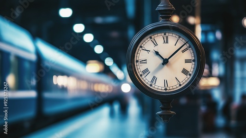 Vintage Train Station Clock with Blurred Train in the Background, Evoking a Sense of Nostalgia and Elegance, Creating a Timeless Atmosphere. photo