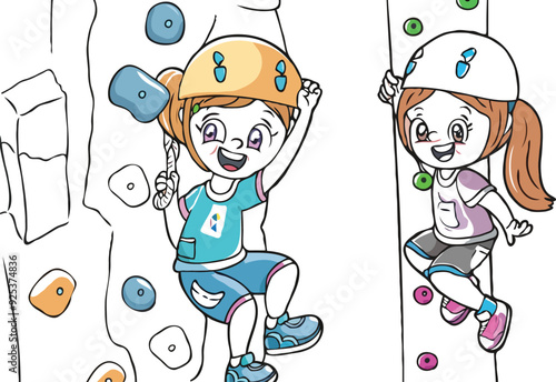 coloring page simple drawing of cartoon character  Rock Climbing, coloring book 