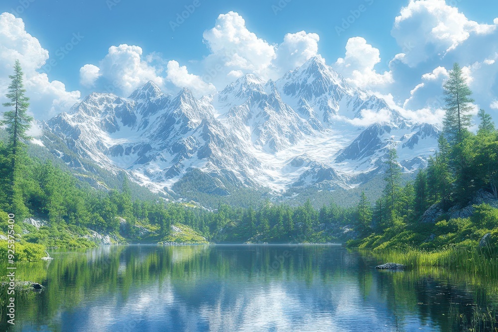 serene anime mountain scene majestic snowcapped peaks lush evergreen forest crystalclear lake reflecting sky soft pastel color palette sense of tranquility and wonder serene anime mountain scene majestic snowcapped peaks lush evergreen forest crystalclear lake reflecting sky soft pastel color palette sense of tranquility and wonder