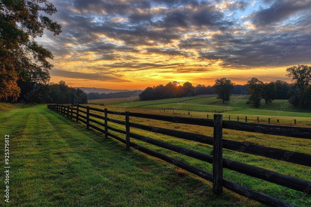 Tennessee Farm at Sunrise. Rustic Fence in Beautiful Countryside Landscape Tennessee Farm at Sunrise. Rustic Fence in Beautiful Countryside Landscape