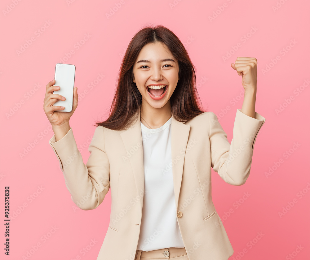 Young happy beautiful Asian woman wearing a cream blazer and white t-shirt holding a smartphone Young happy beautiful Asian woman wearing a cream blazer and white t-shirt holding a smartphone