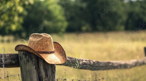 Texas Backdrop. Rural Cowboy Hat on Rustic Farm Fence Background