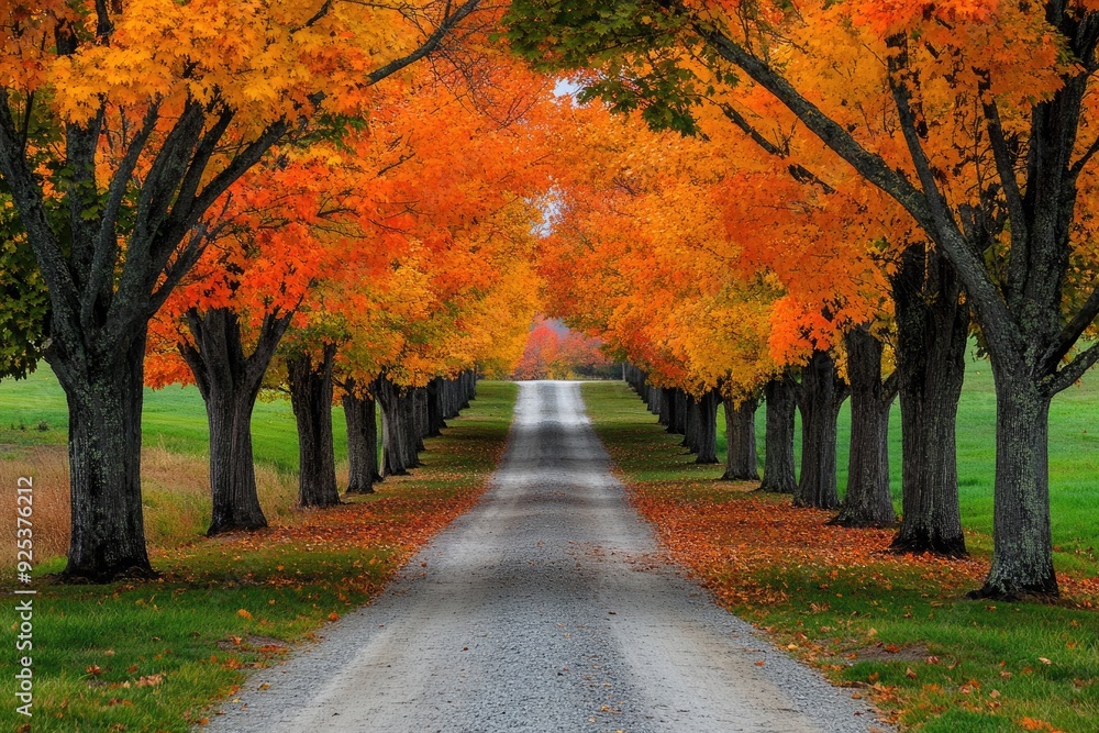 Tree Lined Driveway. Vanishing Point Perspective of Autumn Colors on Maple Tree Driveway Tree Lined Driveway. Vanishing Point Perspective of Autumn Colors on Maple Tree Driveway