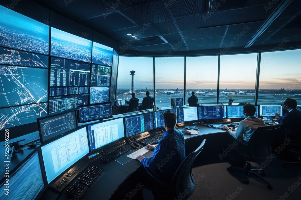 Air traffic control room with advanced monitoring Stock Photo | Adobe Stock