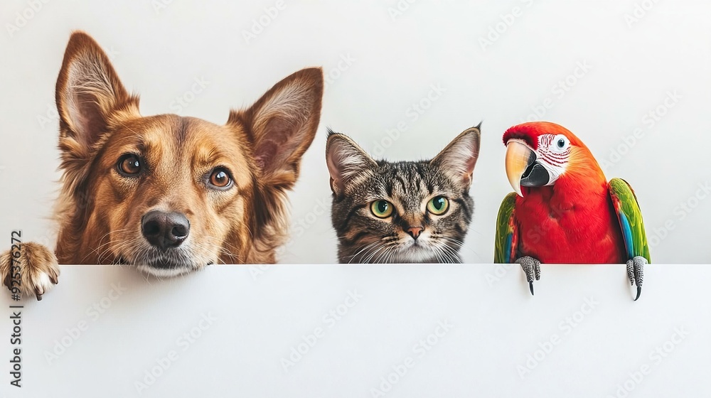 A red parrot, a brown dog, and a grey cat are looking over a white surface with their paws and beaks resting on it. A red parrot, a brown dog, and a grey cat are looking over a white surface with their paws and beaks resting on it.