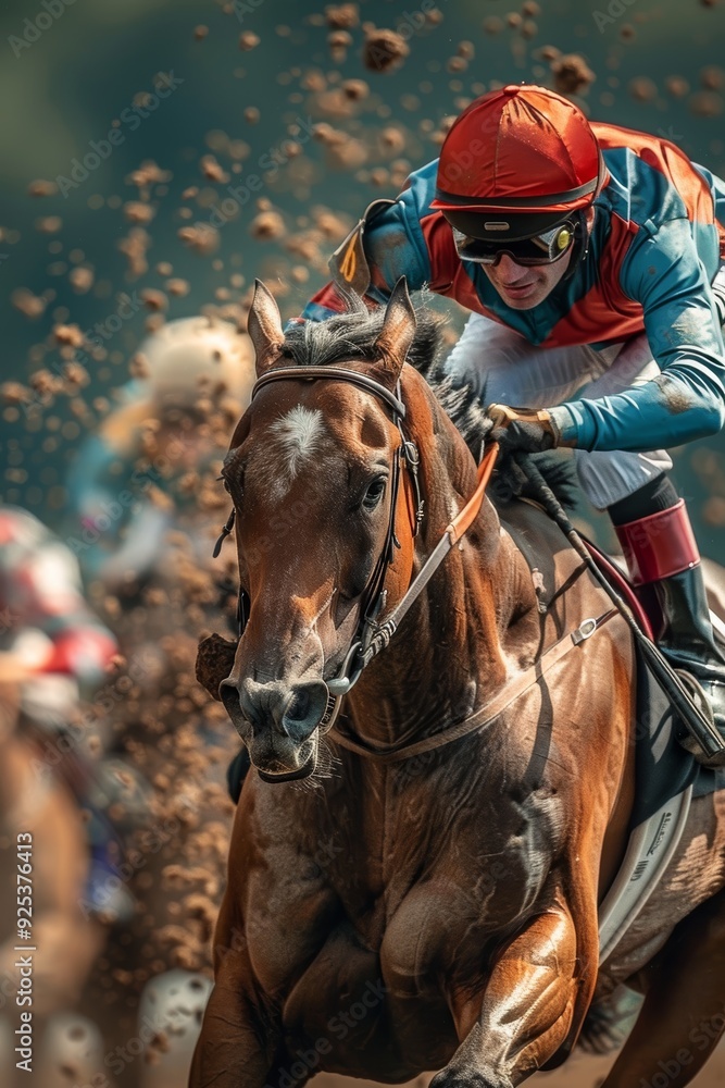 Triumphant Jockey and Winning Horse Exhausted at Finish Line - Sports Photography Triumphant Jockey and Winning Horse Exhausted at Finish Line - Sports Photography