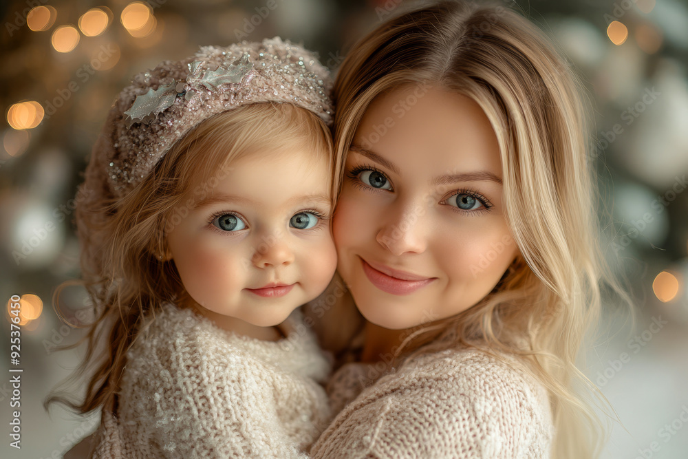 Obraz premium Mother and daughter share a tender moment in front of a decorated Christmas tree