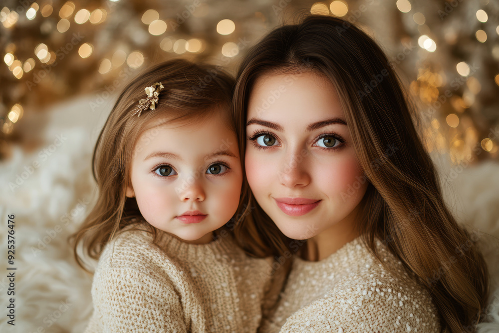 Mother and daughter share a tender moment in front of a decorated Christmas tree Mother and daughter share a tender moment in front of a decorated Christmas tree