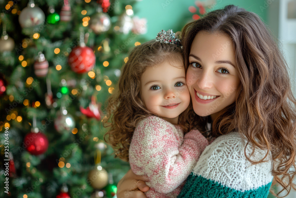 Mother and daughter share a tender moment in front of a decorated Christmas tree Mother and daughter share a tender moment in front of a decorated Christmas tree