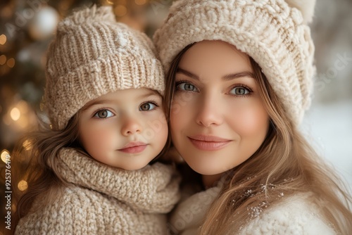 Mother and daughter share a tender moment in front of a decorated Christmas tree