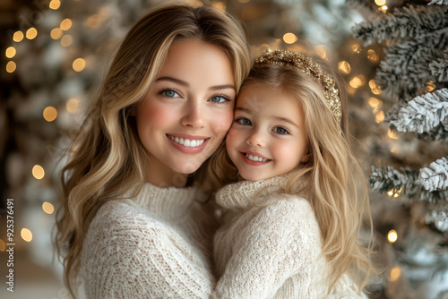 Mother and daughter share a tender moment in front of a decorated Christmas tree