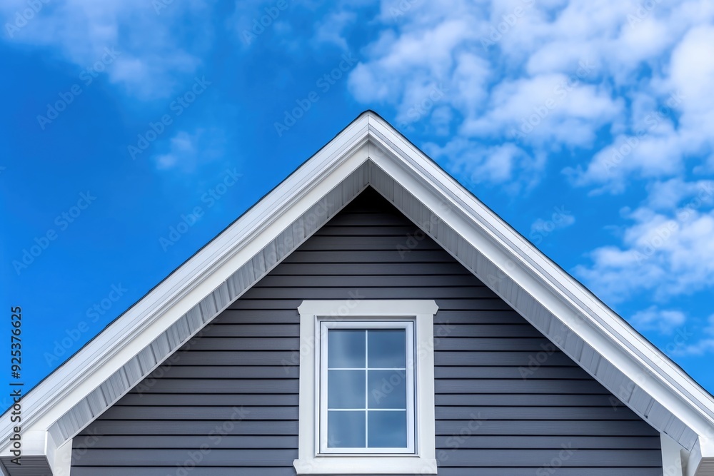 Vinyl Siding On Home. Double Gable Design with White Decorative Trim on Windows, Gray Horizontal Lap Siding Vinyl Siding On Home. Double Gable Design with White Decorative Trim on Windows, Gray Horizontal Lap Siding