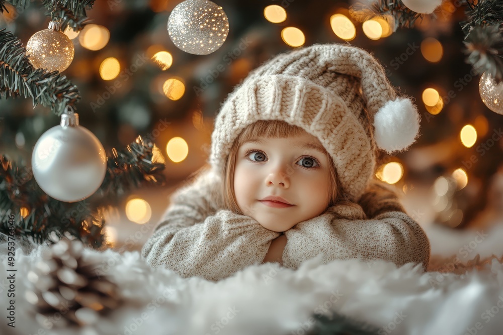 A young child, around 2-3 years old, dressed in cozy winter clothing, lying under a beautifully decorated Christmas tree. The soft lighting and ornaments create a magical holiday scene. A young child, around 2-3 years old, dressed in cozy winter clothing, lying under a beautifully decorated Christmas tree. The soft lighting and ornaments create a magical holiday scene.