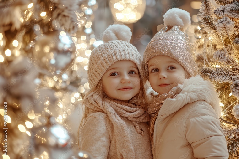 Two young children, around 5, 6, 8 years old, warmly dressed and standing together in a beautifully decorated, festive outdoor setting. Scene is illuminated by sparkling Christmas lights, Two young children, around 5, 6, 8 years old, warmly dressed and standing together in a beautifully decorated, festive outdoor setting. Scene is illuminated by sparkling Christmas lights,