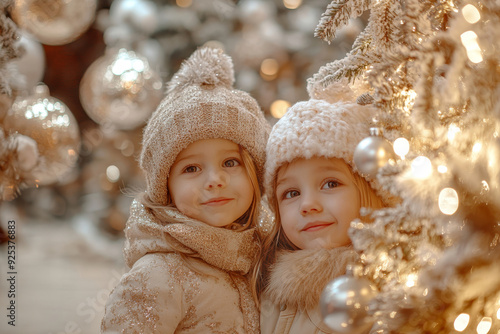 Two young children, around 5, 6, 8 years old, warmly dressed and standing together in a beautifully decorated, festive outdoor setting. Scene is illuminated by sparkling Christmas lights, photo