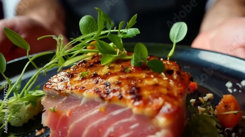 Wallpaper Mural Expert master chef presenting a beautifully plated tuna steak, symbolizing culinary excellence and fine dining sophistication. Torontodigital.ca