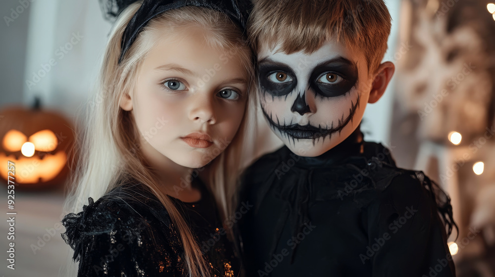 Two children in Halloween costumes, one with skeleton face paint, standing close together with a carved pumpkin in the background. Two children in Halloween costumes, one with skeleton face paint, standing close together with a carved pumpkin in the background.