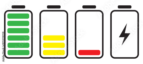 Set of vertical battery level indicators in percentage vector. Battery indicator symbols. 0-100 percent.
