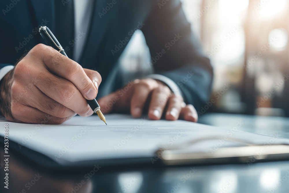 A Businessman Diligently Signing Important Documents While Concentrating with a Classic Fountain Pen in a Modern Office Setting A Businessman Diligently Signing Important Documents While Concentrating with a Classic Fountain Pen in a Modern Office Setting