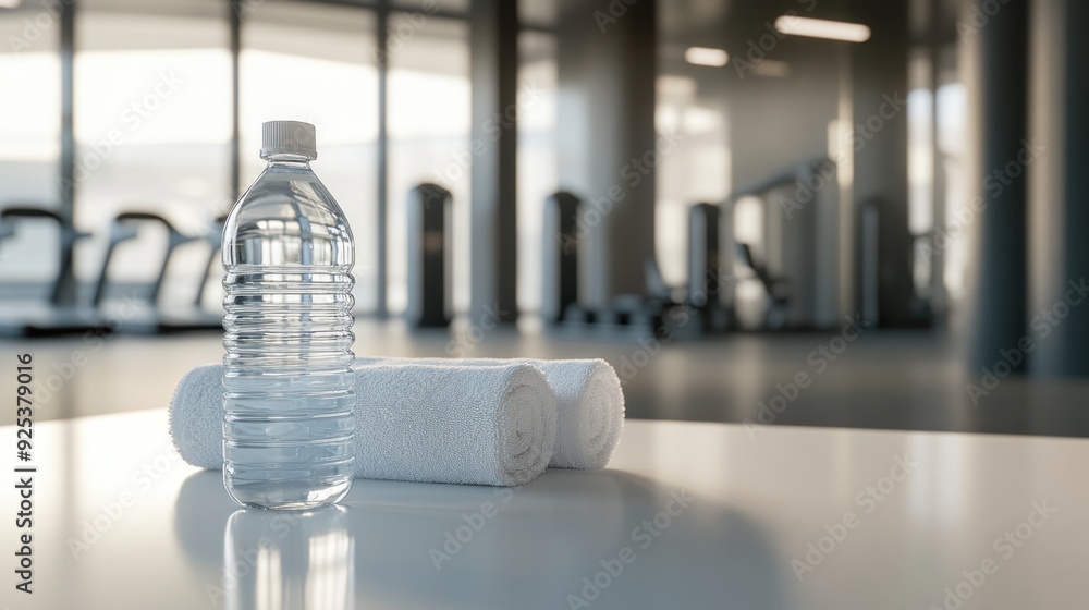 Water Bottle and Towel on a Table in a Gym Water Bottle and Towel on a Table in a Gym