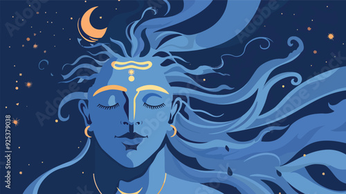 Lord Shiva Hindu God Meditation Yoga Spirituality India Mahadev Deity Crescent Moon Night Sky Stars Third Eye Spiritual Art Illustration