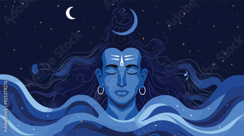 Lord Shiva Hindu God Meditation Yoga Spirituality India Religion Mahadev Deity Blue Illustration Night Sky Crescent Moon Graphic Design Digital Art Wallpaper Poster Backgroundless Wallpaper Design