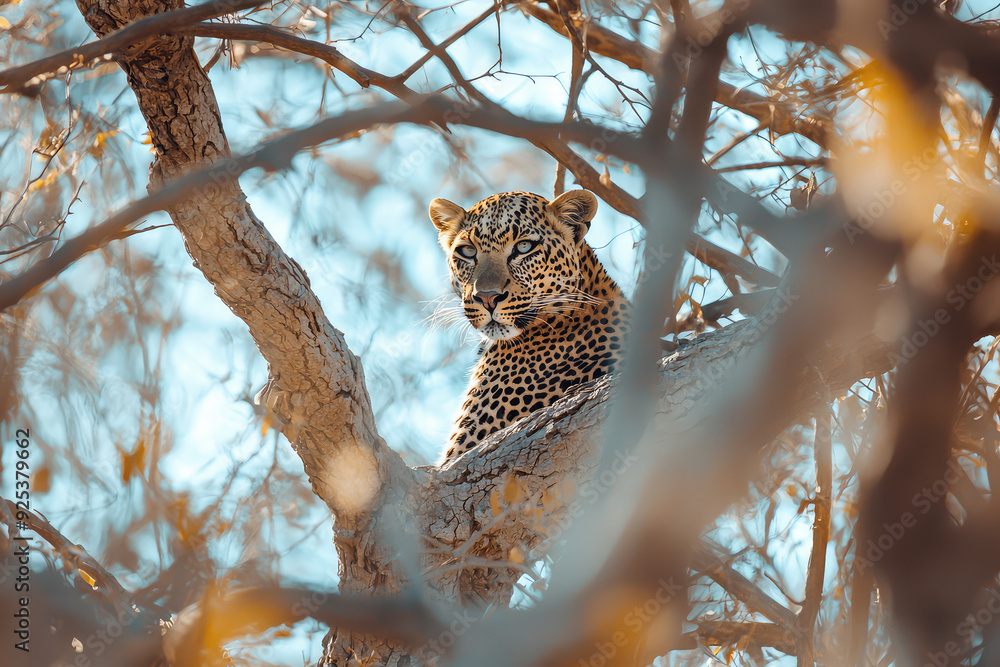 Obraz premium A majestic leopard camouflaged among the branches, showcasing nature's beauty and the art of stealth in a serene environment under clear skies.