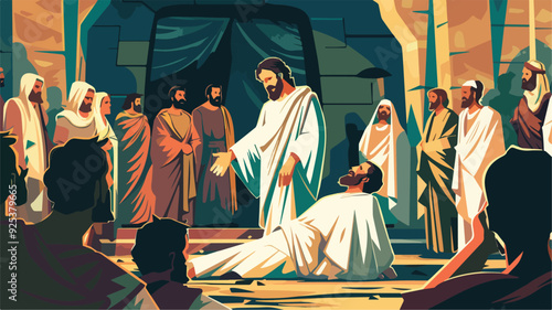 Jesus Healing Sick Man Illustration Religious Scene Faith Hope Miracle Christianity Bible Story Gospel New Testament God Divine Power Spiritual Healing Crowd Witnessing Compassion Empathy Divine
