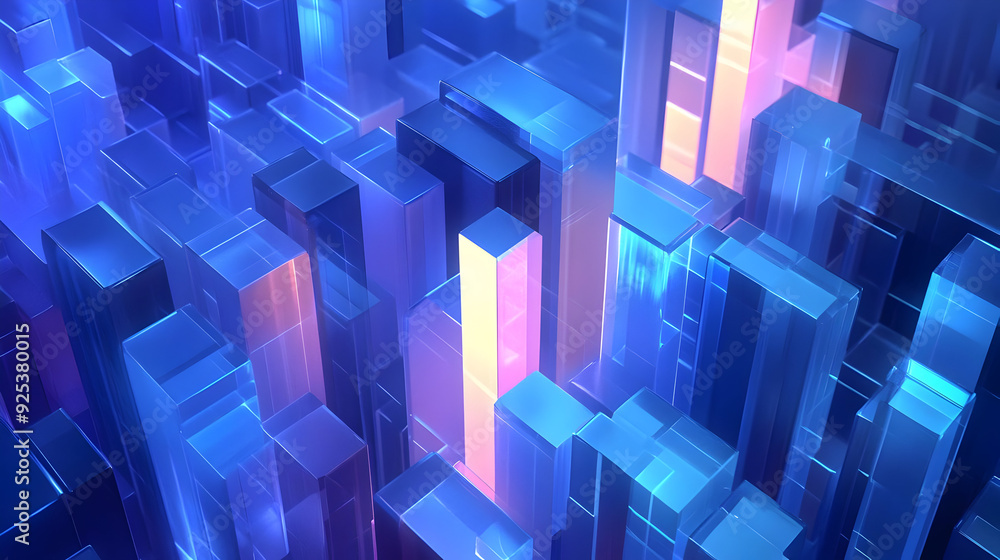 A vibrant, abstract cityscape of illuminated glass-like structures in blue and pink hues. A vibrant, abstract cityscape of illuminated glass-like structures in blue and pink hues.