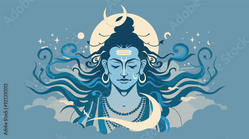 Lord Shiva Hindu God Meditation Spiritual Blue Illustration Crescent Moon Clouds Peace Tranquility India Religion Deity Mahadev Divine Cosmic Energy Third Eye Trishul Snake Ornament Wallpaper