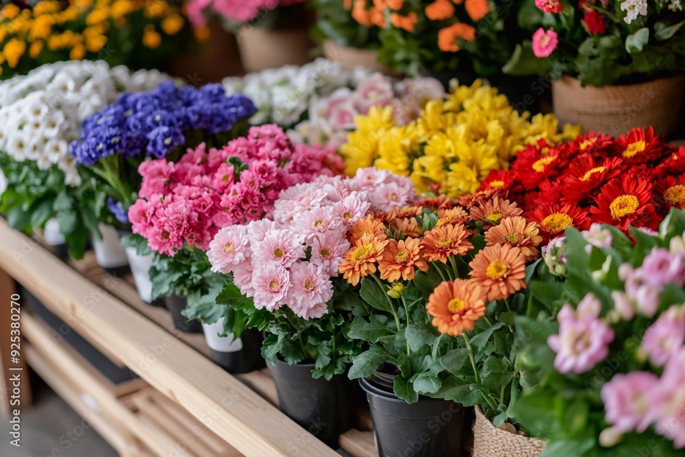 Visualize a vibrant flower shop scene with a variety of colorful flowers displayed on a rustic wooden table. The table should be overflowing with blooms in various shades, including reds, pinks, yello Visualize a vibrant flower shop scene with a variety of colorful flowers displayed on a rustic wooden table. The table should be overflowing with blooms in various shades, including reds, pinks, yello