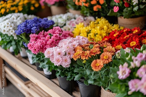 Visualize a vibrant flower shop scene with a variety of colorful flowers displayed on a rustic wooden table. The table should be overflowing with blooms in various shades, including reds, pinks, yello