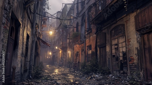 A Narrow, Rain-Soaked Street in a European City at Dusk