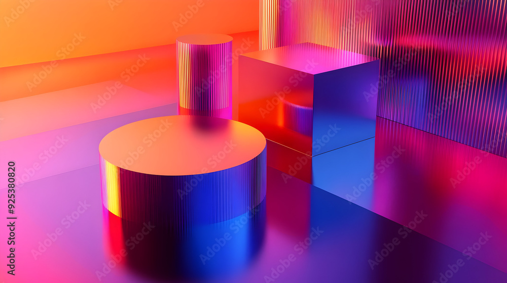 A vibrant, abstract composition of geometric shapes with colorful gradients and reflections. A vibrant, abstract composition of geometric shapes with colorful gradients and reflections.