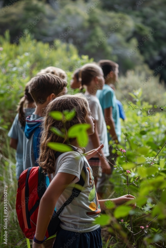 Fototapeta premium Schoolchildren Engaged in Outdoor Environmental Education Program Learning About Ecosystems and Conservation