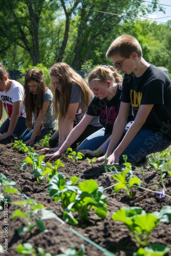 Sustainable Agriculture with Students Planting Vegetables in a School Garden