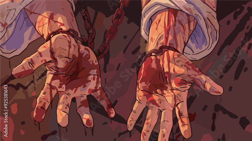 Bloody hands chained prisoner torture pain suffering violence human rights abuse war crime captive hostage illustration transparent background