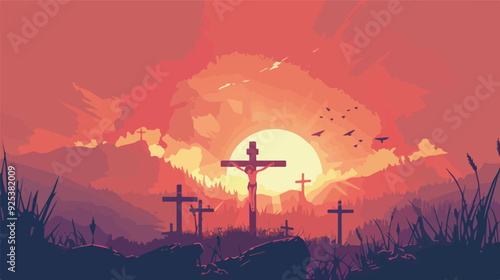 Jesus Christ Crucifixion Easter Sunday Resurrection Christian Faith God Religious Symbolism Sunset Silhouette Three Crosses Calvary Hill Hope Love Sacrifice Redemption Forgiveness Salvation Heaven