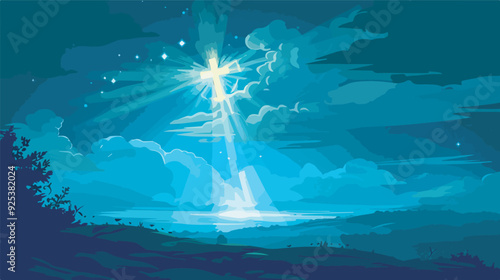 Glowing Cross in Blue Cloudscape Religious Background Graphic Illustration Christian Faith Spirituality Hope Heaven Afterlife God Jesus Christ Easter Sunday Good Friday Holy Week Bible Verse