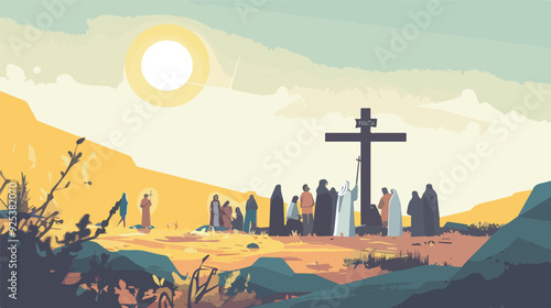 Religious scene with cross disciples and sun shining transparent background illustration faith Christianity Jesus Christ God hope resurrection love Easter Sunday church spiritual biblical scripture
