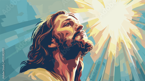 Jesus Christ looking up to heaven light religious figure illustration transparent background Christian faith hope spirituality divine savior messiah son of god gospel testament resurrection ascension