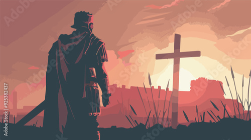 Roman Soldier Silhouette Against Sunset Battlefield Cross Ancient Warrior Transparent Background History Military War Conquest Empire Legionary Valor Courage Sword Shield Armor Helmet Christianity